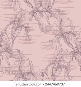 Seamless pattern of iris flowers. Beautiful romantic flowers. Cottage core aesthetic floral print for fabric, scrapbook, wrapping, card making