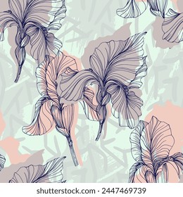 Seamless pattern of iris flowers. Beautiful romantic flowers. Cottage core aesthetic floral print for fabric, scrapbook, wrapping, card making