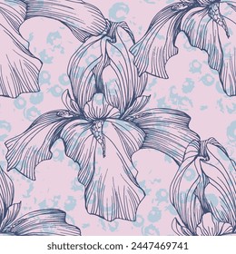 Seamless pattern of iris flowers. Beautiful romantic flowers. Cottage core aesthetic floral print for fabric, scrapbook, wrapping, card making