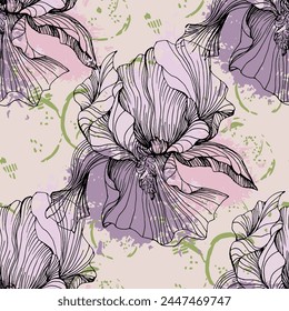 Seamless pattern of iris flowers. Beautiful romantic flowers. Cottage core aesthetic floral print for fabric, scrapbook, wrapping, card making