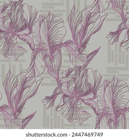 Seamless pattern of iris flowers. Beautiful romantic flowers. Cottage core aesthetic floral print for fabric, scrapbook, wrapping, card making