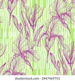 Seamless pattern of iris flowers. Beautiful romantic flowers. Cottage core aesthetic floral print for fabric, scrapbook, wrapping, card making