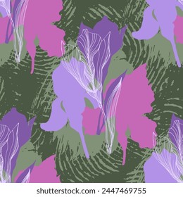 Seamless pattern of iris flowers. Beautiful romantic flowers. Cottage core aesthetic floral print for fabric, scrapbook, wrapping, card making