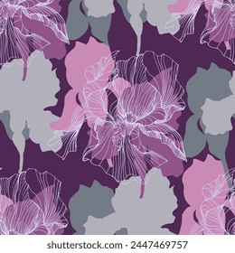 Seamless pattern of iris flowers. Beautiful romantic flowers. Cottage core aesthetic floral print for fabric, scrapbook, wrapping, card making