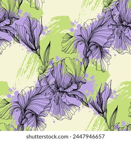 Seamless pattern of iris flowers. Beautiful romantic flowers. Cottage core aesthetic floral print for fabric, scrapbook, wrapping, card making