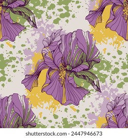 Seamless pattern of iris flowers. Beautiful romantic flowers. Cottage core aesthetic floral print for fabric, scrapbook, wrapping, card making