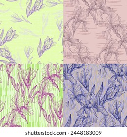 Seamless pattern of iris flowers. Beautiful romantic flowers. Cottage core aesthetic floral print for fabric, scrapbook, wrapping, card making