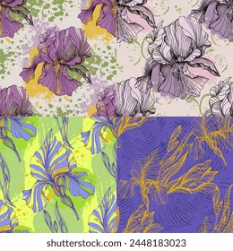 Seamless pattern of iris flowers. Beautiful romantic flowers. Cottage core aesthetic floral print for fabric, scrapbook, wrapping, card making