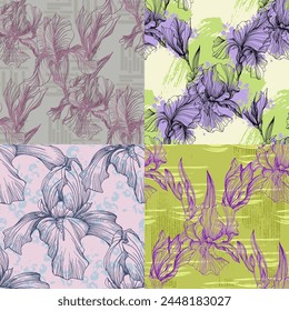 Seamless pattern of iris flowers. Beautiful romantic flowers. Cottage core aesthetic floral print for fabric, scrapbook, wrapping, card making