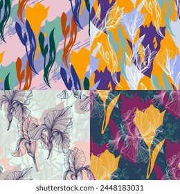 Seamless pattern of iris flowers. Beautiful romantic flowers. Cottage core aesthetic floral print for fabric, scrapbook, wrapping, card making