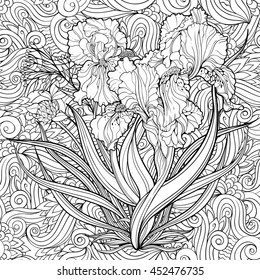 Seamless pattern of iris flowers. Coloring page.