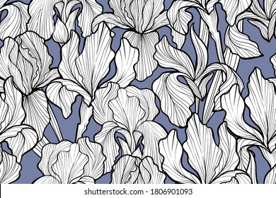 Seamless pattern of iris flowers, hand drawn  vector, engraving style