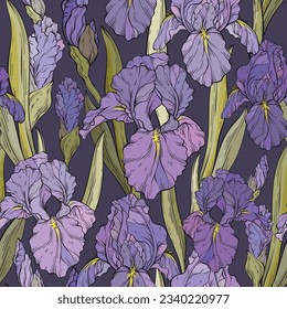 Seamless pattern with iris flowers and leaves, dark background. Spring floral print, decorative botanical background with hand drawn plants. Vector illustration.