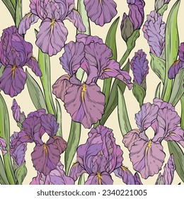 Seamless pattern with iris flowers and leaves. Spring floral print, decorative botanical background with hand drawn plants. Vector illustration.