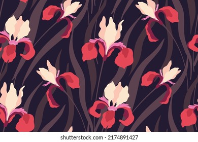 Seamless pattern with iris flowers on a dark field. Elegant floral print, drawing botanical background with wild meadow, large red flowers, leaves. Vector illustration.