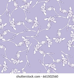 Seamless pattern with iris flowers on pastel lilac background. Hand drawn vector illustration.

