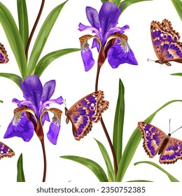 Seamless pattern with iris flowers and purple butterfly. Stock vector illustration on a white background.