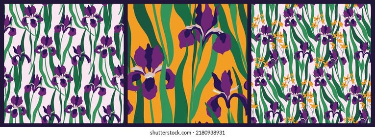 Seamless pattern with iris flowers in the set. Collection of floral prints with elegant, large iris flowers, grass, leaves. Botanical background design with hand drawn decorative plants. Vector.