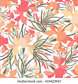 Seamless pattern with iris flowers.Colorful textile print.Vector textile texture