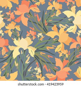 Seamless pattern with iris flowers.Colorful textile print.Vector textile texture