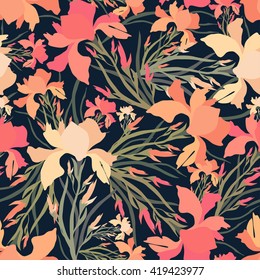 Seamless pattern with iris flowers.Colorful textile print.Vector textile texture