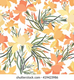 Seamless pattern with iris flowers.Colorful textile print.Vector textile texture