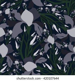 Seamless pattern with iris flowers.Vector textile print.Colorful textile texture