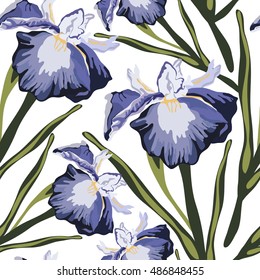Seamless pattern with iris flower.Vector floral print.Vintage textile texture