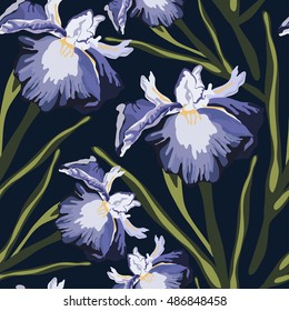 Seamless pattern with iris flower.Vector floral print.Vintage textile texture