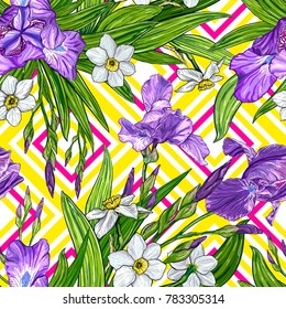 Seamless pattern with Iris and Narcissus flowers on a geometric background. Hand drawn sketch. Template for textile floral design