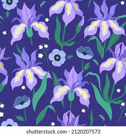 Seamless pattern with iris and ranunculus flowers. Vector graphics.