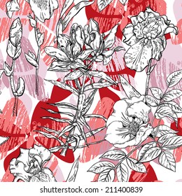 Seamless pattern with iris and wild rose on a background of flying butterflies