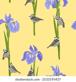 Patrón sin fisuras con iris y pájaros, Vector dibujando flores y tetas con cresta en el fondo amarillo claro, ilustración botánica dibujada a mano