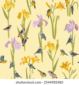 seamless pattern with irises and birds, vector drawing flowers and crested tits at light yellow background, hand drawn botanical illustration