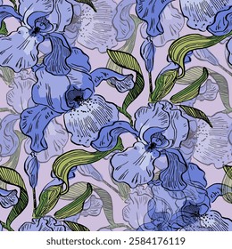 Seamless Pattern with Irises and daisies. Color sketch style hand drawn background. Detailed illustration, hand drawn. Great for fabric and textile, prints, invitation, packaging