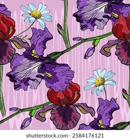 Seamless Pattern with Irises and daisies. Color sketch style hand drawn background. Detailed illustration, hand drawn. Great for fabric and textile, prints, invitation, packaging