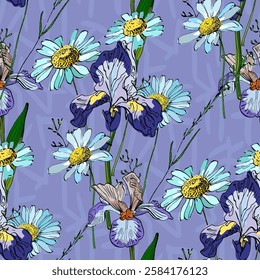 Seamless Pattern with Irises and daisies. Color sketch style hand drawn background. Detailed illustration, hand drawn. Great for fabric and textile, prints, invitation, packaging