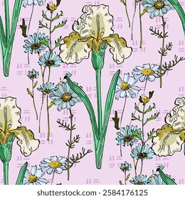 Seamless Pattern with Irises and daisies. Color sketch style hand drawn background. Detailed illustration, hand drawn. Great for fabric and textile, prints, invitation, packaging