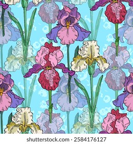 Seamless Pattern with Irises and daisies. Color sketch style hand drawn background. Detailed illustration, hand drawn. Great for fabric and textile, prints, invitation, packaging