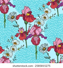 Seamless Pattern with Irises and daisies. Color sketch style hand drawn background. Detailed illustration, hand drawn. Great for fabric and textile, prints, invitation, packaging