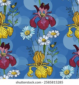 Seamless Pattern with Irises and daisies. Color sketch style hand drawn background. Detailed illustration, hand drawn. Great for fabric and textile, prints, invitation, packaging