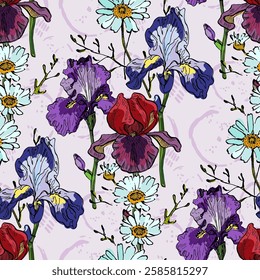 Seamless Pattern with Irises and daisies. Color sketch style hand drawn background. Detailed illustration, hand drawn. Great for fabric and textile, prints, invitation, packaging