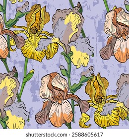 Seamless Pattern with Irises and daisies. Color sketch style hand drawn background. Detailed illustration, hand drawn. Great for fabric and textile, prints, invitation, packaging