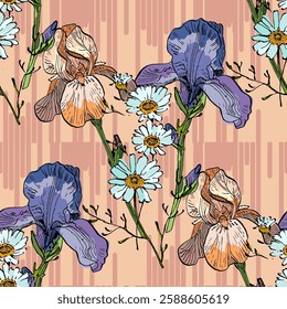 Seamless Pattern with Irises and daisies. Color sketch style hand drawn background. Detailed illustration, hand drawn. Great for fabric and textile, prints, invitation, packaging