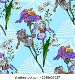 Seamless Pattern with Irises and daisies. Color sketch style hand drawn background. Detailed illustration, hand drawn. Great for fabric and textile, prints, invitation, packaging