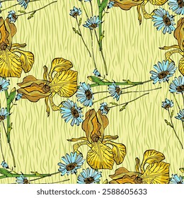 Seamless Pattern with Irises and daisies. Color sketch style hand drawn background. Detailed illustration, hand drawn. Great for fabric and textile, prints, invitation, packaging