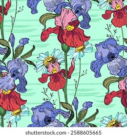 Seamless Pattern with Irises and daisies. Color sketch style hand drawn background. Detailed illustration, hand drawn. Great for fabric and textile, prints, invitation, packaging