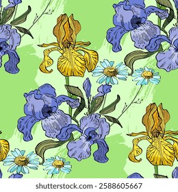 Seamless Pattern with Irises and daisies. Color sketch style hand drawn background. Detailed illustration, hand drawn. Great for fabric and textile, prints, invitation, packaging