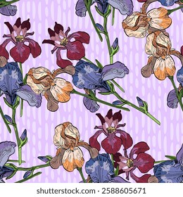 Seamless Pattern with Irises and daisies. Color sketch style hand drawn background. Detailed illustration, hand drawn. Great for fabric and textile, prints, invitation, packaging