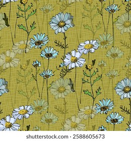 Seamless Pattern with Irises and daisies. Color sketch style hand drawn background. Detailed illustration, hand drawn. Great for fabric and textile, prints, invitation, packaging